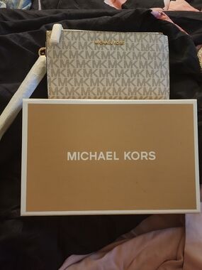 Michael Kors Logo-Print Crossbody Wristlet - Beige/Gold